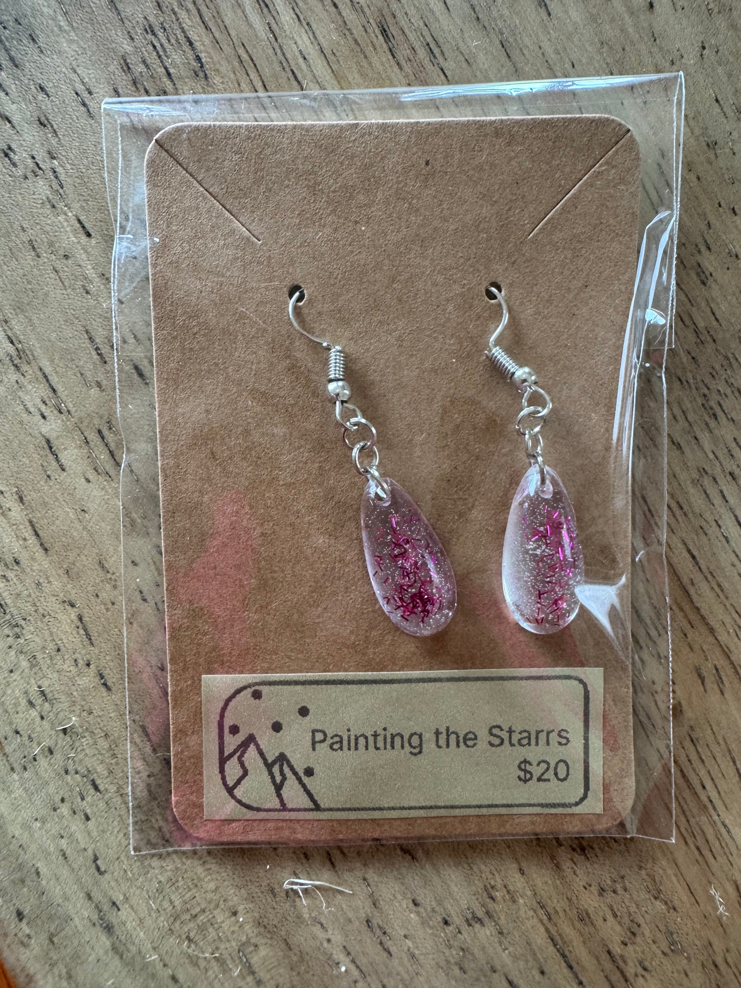 Pink sparkles in clear resin, earrings