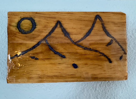 Engraved Mountains filled with blue resin on wood panel (version 2)