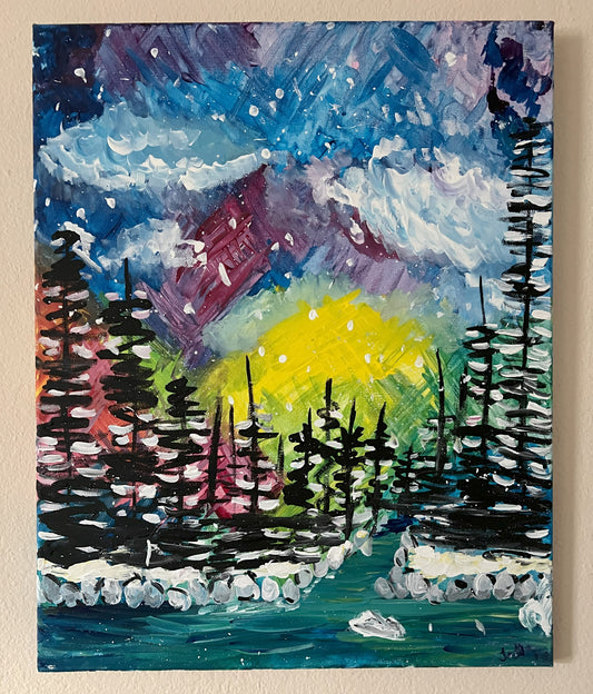 Pines on a Colorful Winter Night Original Artwork